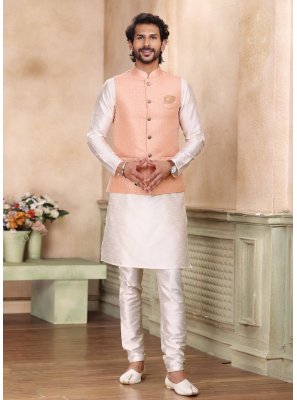 Kurta Payjama With Jacket Fancy Jacquard Silk in Cream and Peach