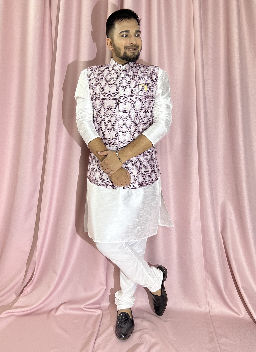 Buy Kurta Payjama With Jacket Fancy Silk in Purple and White