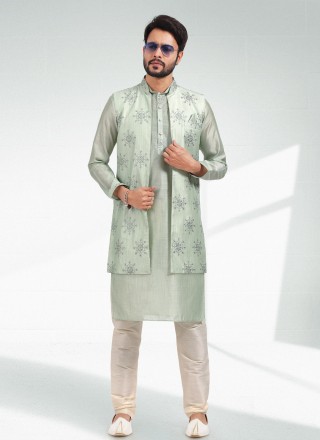 Kurta Payjama With Jacket Thread Work Art Banarasi Silk in Green