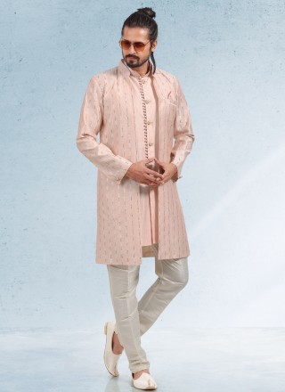 Kurta Payjama With Jacket Thread Work Art Banarasi Silk in Peach