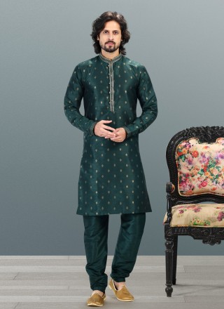 Kurta Pyjama Thread Work Banarasi Silk in Green