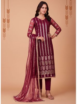 Lace Maroon Net Long Length Salwar Suit