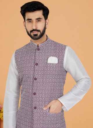 Lavender and White Resham Thread Work Mehndi Kurta Payjama With Jacket