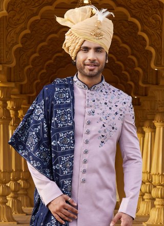 Lavender Art Silk Embroidered and Hand Work Sherwani for Men