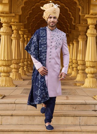 Lavender Art Silk Embroidered and Hand Work Sherwani for Men