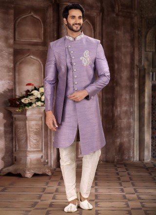 Lavender Art Silk Indo Western Sherwani