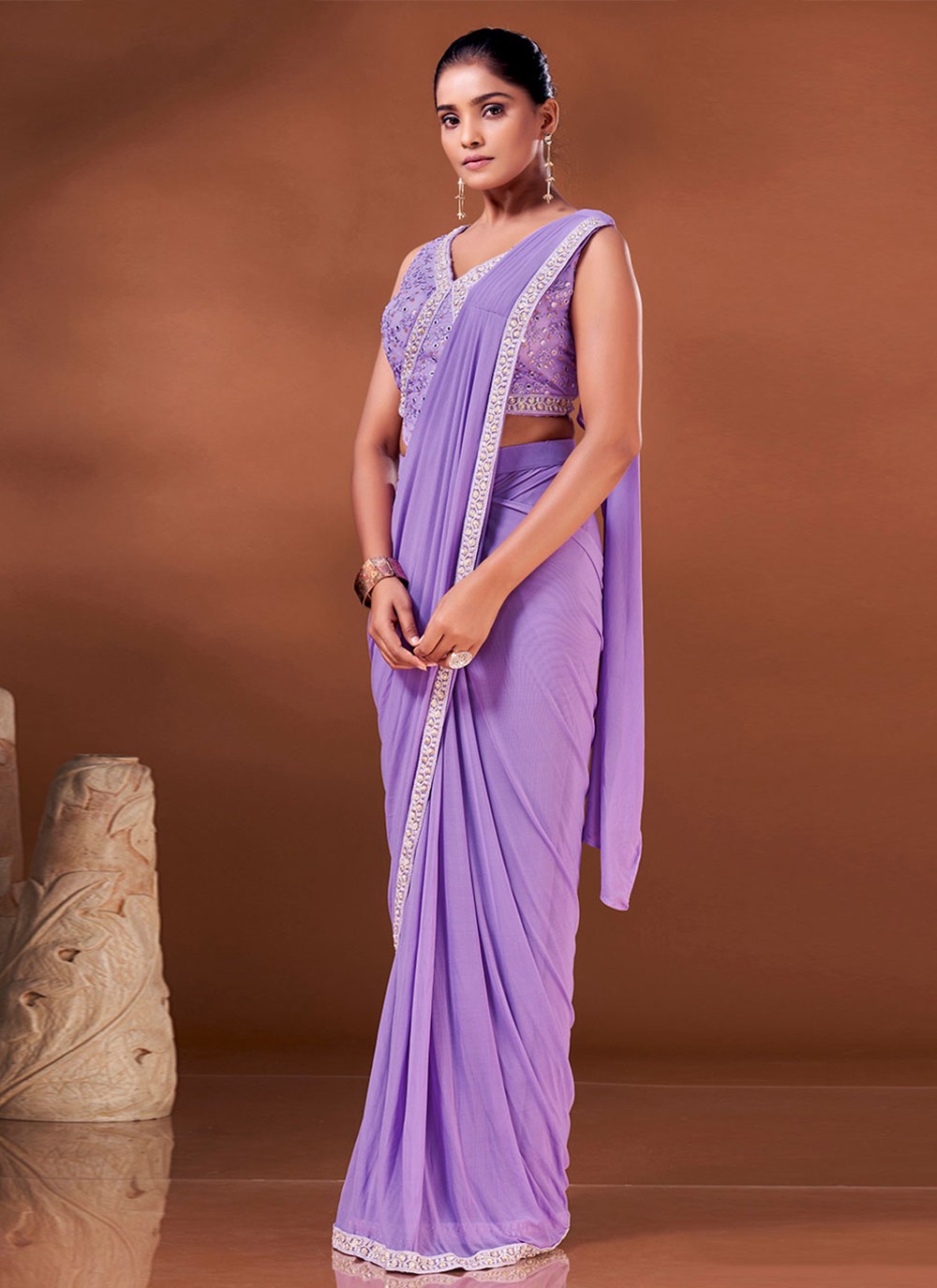 Lavender and Blue Women's Premium Silk Crepe Plain Border Teachers Uniform  Saree Salwar Combo - Uniform Sarees Corp - India's Most Trusted Brand for  Uniforms