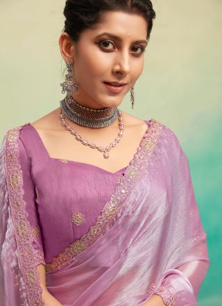 Lavender Chiffon Satin Patch Border and Embroidered Work Designer Sari