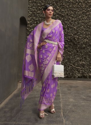 Lavender Chinon Classic Sari with Weaving Work
