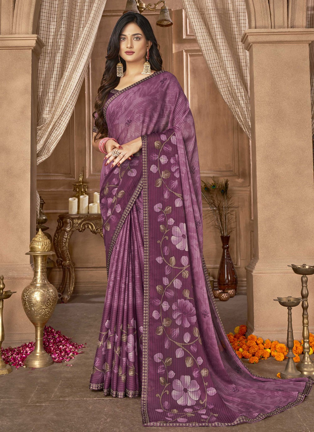 Buy Lavender Stonework Shimmer Designer Saree - Koskii