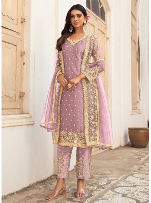 Lavender Embroidered Long Length Salwar Kameez