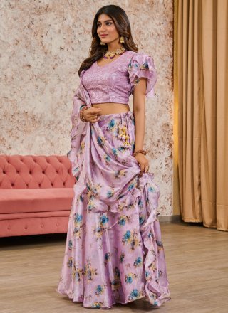 Lavender Faux Crepe Embroidered, Print and Sequins Work Readymade Lehenga Choli for Ceremonial