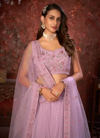 Lavender Faux Georgette A - Line Lehenga Choli with Embroidered and Sequins Work