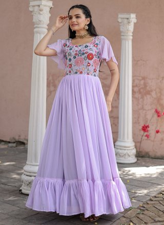 Lavender Faux Georgette  Designer Gown with Embroidered Work
