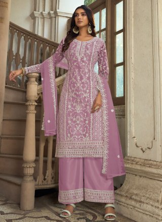 Lavender Net Embroidered and Resham Work Salwar Suit