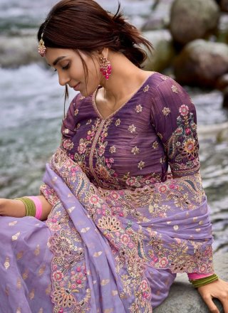 Lavender Organza Contemporary Saree with Embroidered Work for Ceremonial