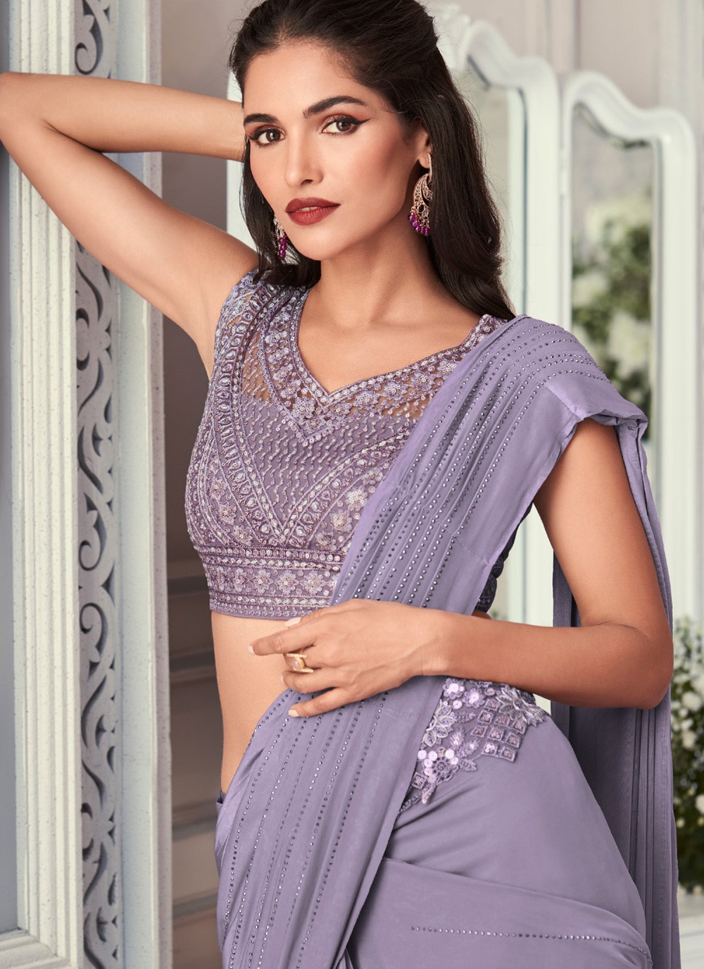 Lavender Purple Georgette Designer Silk Saree With Embroidered Blouse –  Zari Banaras