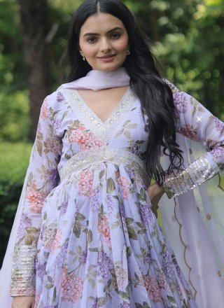 Lavender Silk Digital Print and Embroidered Work Designer Gown for Ceremonial