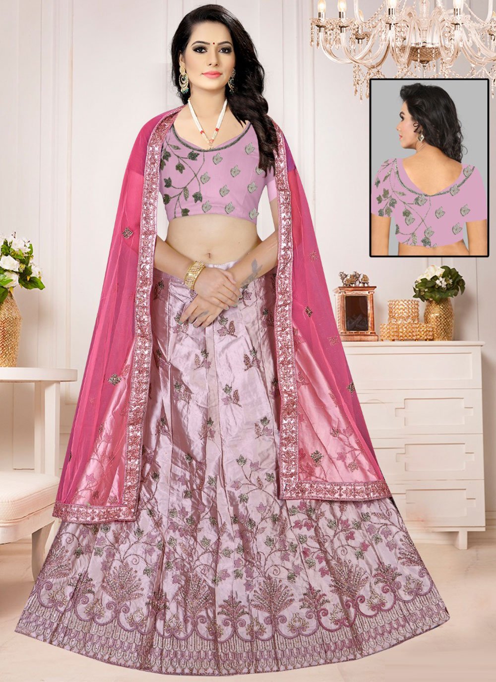 Lehenga Choli Embroidered Satin Silk in Pink