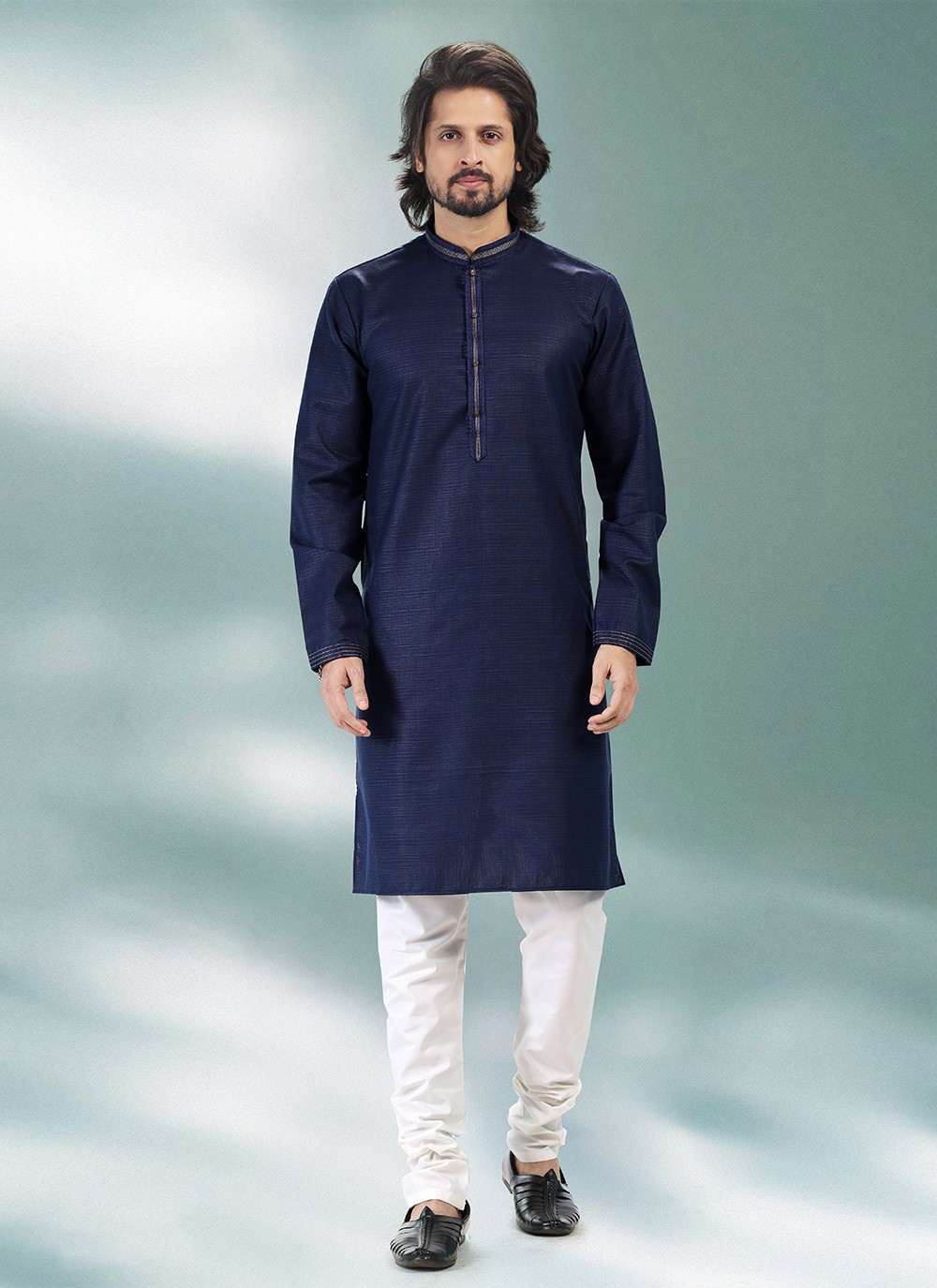 Buy Linen Kurta Pyjama in Blue 251370