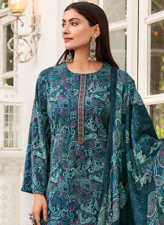 Lively Teal Velvet Pakistani Salwar Suit with Resham and Thread Work