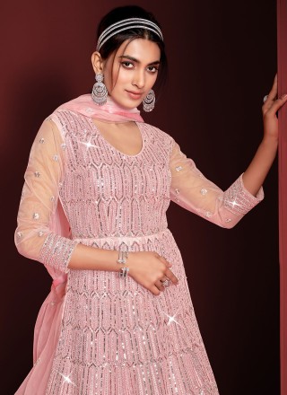 Long Length Salwar Kameez Sequins Net in Rose Pink