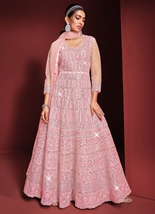 Long Length Salwar Kameez Sequins Net in Rose Pink
