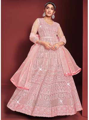 Long Length Salwar Kameez Sequins Net in Rose Pink