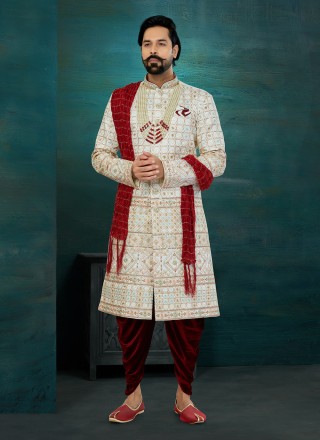Lucknowi Cream and Multi Colour Chikankari Work Indo Western Sherwani