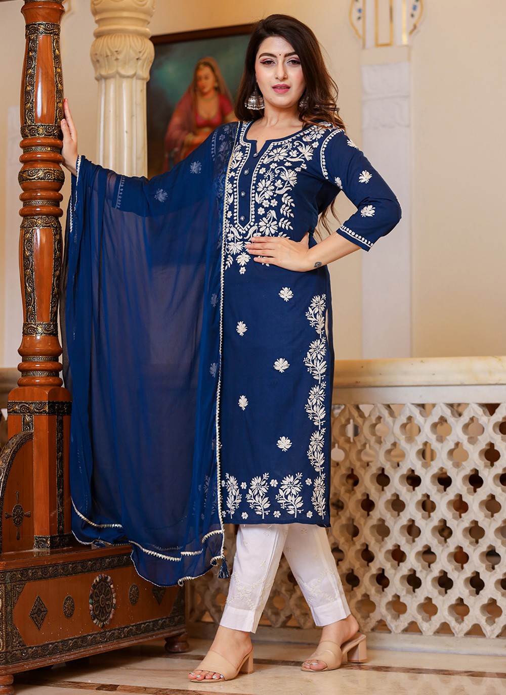 Buy Lucknowi work Cotton Pant Style Suit Online : 258352 