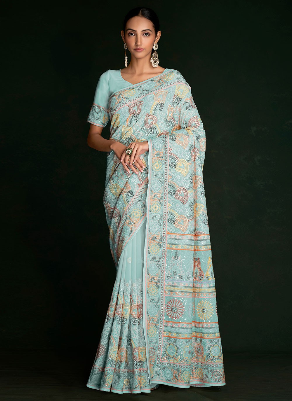 Off White color Lucknowi Work Georgette Trendy Saree