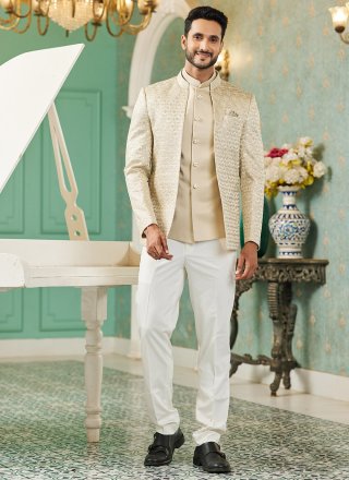 Machine Embroidery and Thread Work Art Silk Indo Western In Beige for Engagement
