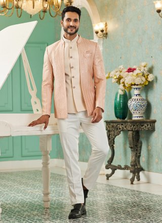Machine Embroidery and Thread Work Art Silk Indo Western In Peach