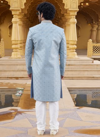 Machine Embroidery and Thread Work Art Silk Sherwani In Blue