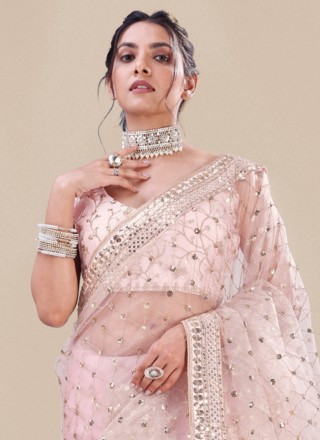 Machine Embroidery  Rose Pink Saree