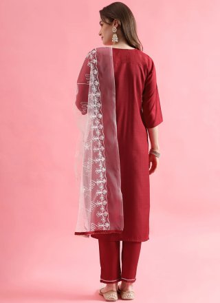 Majesty Red Silk Blend Readymade Salwar Suit with Embroidered Work