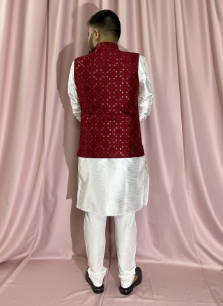 Maroon and White Embroidered Kurta Payjama With Jacket