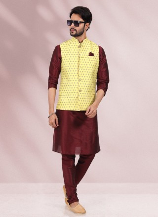 Maroon and Yellow Printed Banarasi Silk Kurta Payjama With Jacket