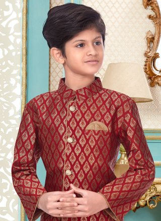 Maroon Banarasi Silk Kurta Pyjama with Jacquard Work for Kid