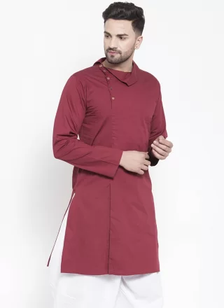 Maroon Blended Cotton Plain Work Kurta Mens Wear for Men