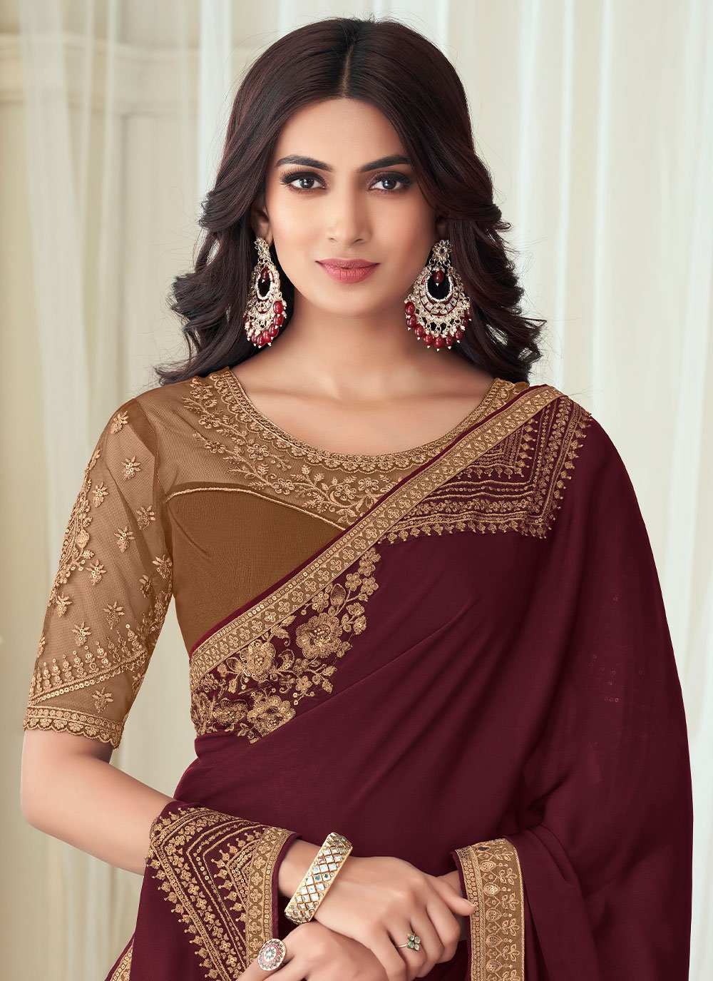 Buy Maroon Ceremonial Saree 250664 0768