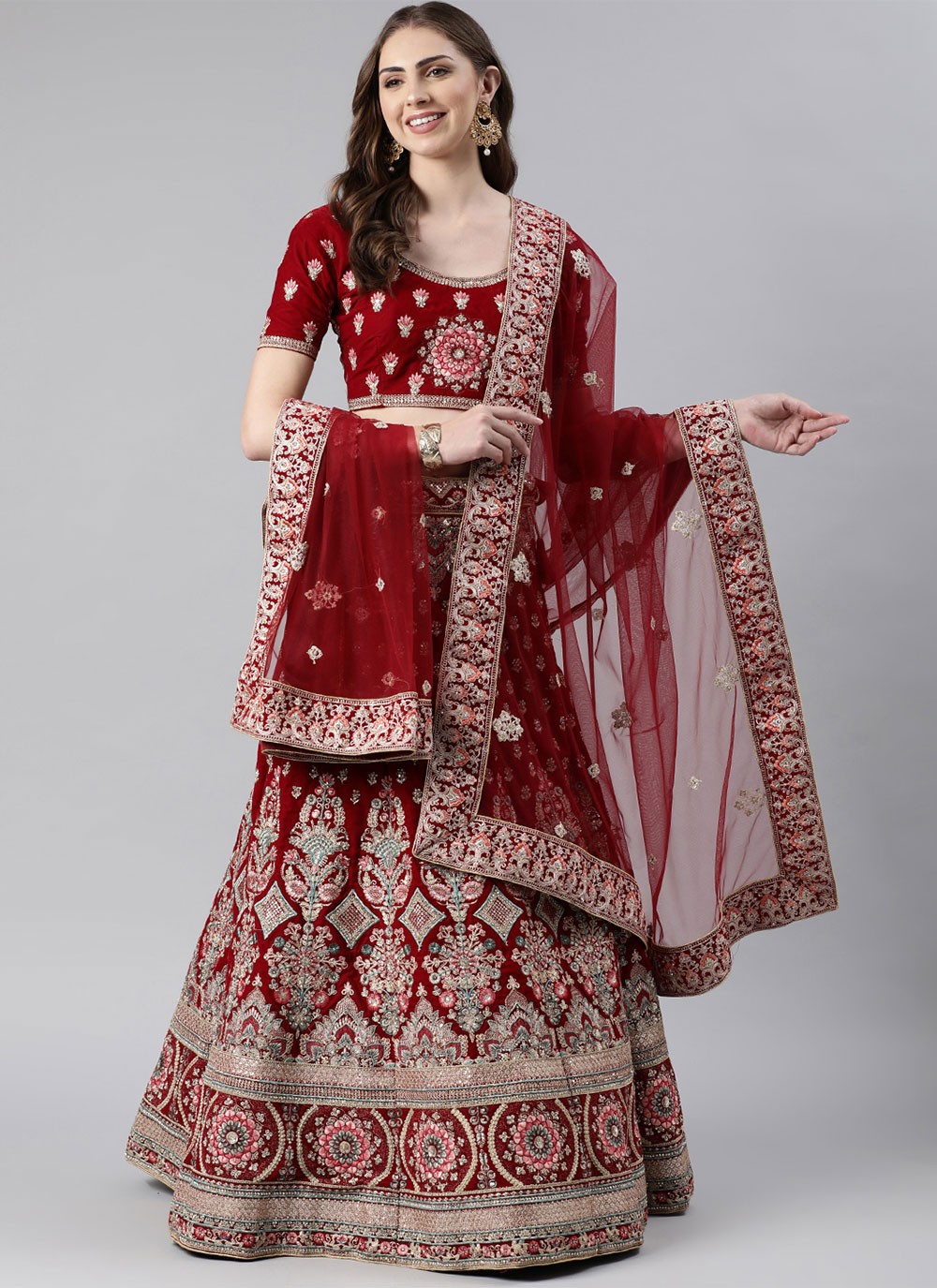 panchhi Maroon & Pink Embroidered Sequinned Unstitched Lehenga & Blouse  With Dupatta - Absolutely Desi