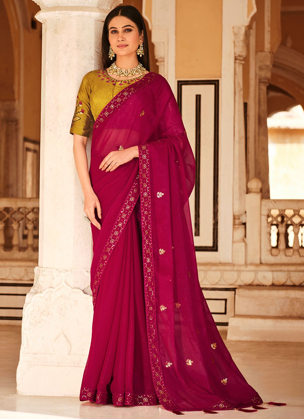 Buy Heavy Satin Georgette Bridal Saree in Maroon Color Online - SREV2875 |  Appelle Fashion