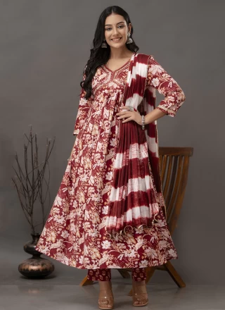 Maroon Cotton Embroidered Readymade Anarkali Salwar Suit