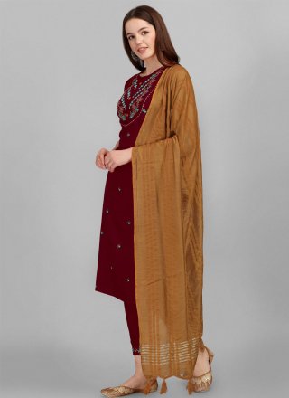Maroon Cotton Readymade Salwar Suit with Embroidered Work