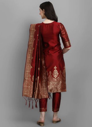 Maroon Cotton Silk Salwar Suit with Woven Work for Casual