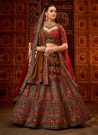 Maroon Wedding Wear Embroidered With Embellished Velvet Lehenga Choli