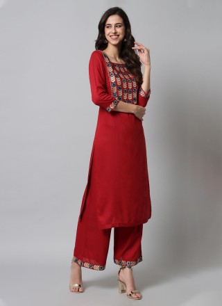 Maroon Embroidered Casual Kurti