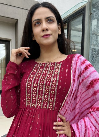Maroon Embroidered Georgette Palazzo Salwar Suit