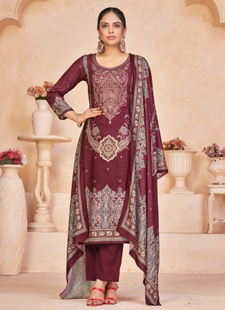 Maroon Embroidered Pashmina Pant Style Suit